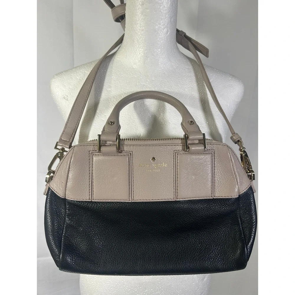 Kate Spade New York Pebble Leather Two Tone Satchel Handbag Black Beige Gold#256